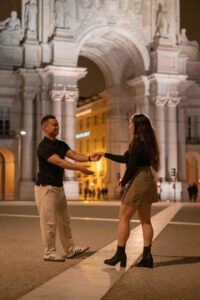 Lisbon lights: A Cinematic Photoshoot at night - Meeting at the Square Statue and Getting Comfortable Fast